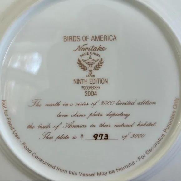 Noritake Plate Birds of America, Woodpecker, Christmas Series 2004, Collectible - Picture 3 of 6